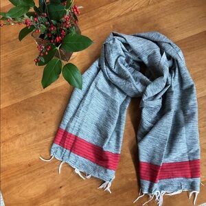 KRISNA Balinese Gray and Red Women's/ Men's Fringed Scarf- New With Tag